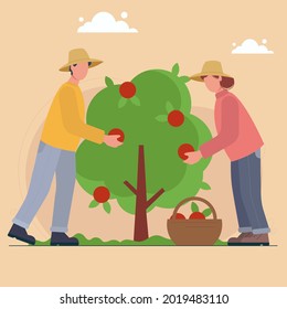 Man and woman picking up harvest from tree into basket. Boy and girl farmer or gardener. Family harvesting fruits. Couple in hat and boots. Garden, rural life, orchard, agriculture, cultivation.