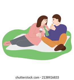 Man and woman at a picnic. A guy and a girl relaxing in nature. Friends came for a picnic at the weekend. Flat vector illustration on white background. For print, web design.