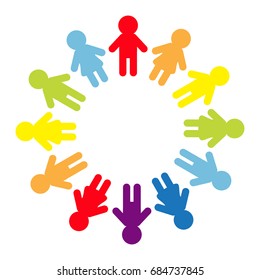 Man and woman pictogram icon sign. People round circle. Timework, friendship symbol. Male Female silhouette. Rainbow color. Boys girls holding hands. Friends forever. Flat White background. Vector