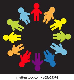 Man and woman pictogram icon sign. People round circle. Timework, friendship symbol. Male Female silhouette. Rainbow color. Boys girls holding hands. Friends forever. Flat Black background. Vector