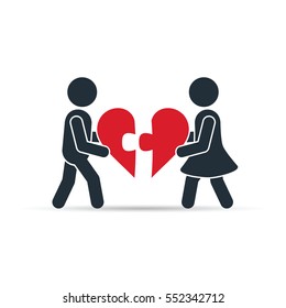 Man and woman piece together puzzle pieces of heart. Concept of care, health, support, love, valentine, dating. Vector.