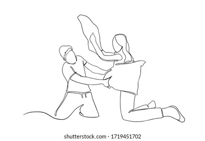 man and woman pillow fighting countinious line illustration. Pilow fight. Self isolation. concept of staying home. A man and woman made a pillow fight on the bed in the bedroom. adults  playing 
