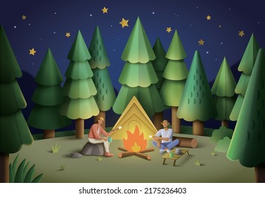 A man and a woman in a pine forest sitting by a tent at night and roasting marshmallows near campfire
