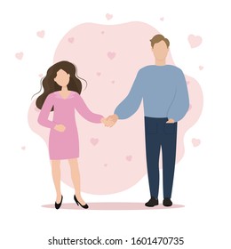 Man and woman in pink background with small hearts. Cute Loving couple in Valentine's Day. Vector isolated illustration in flat style