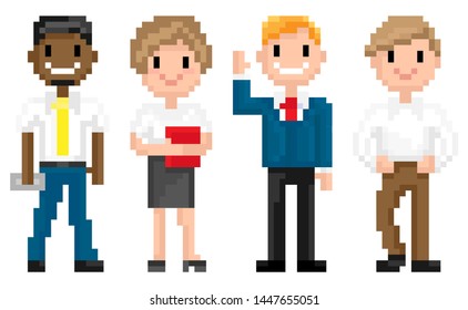 Man and woman pixelated graphics of 8 bit game isolated character of pixel game, mosaic representation, Afro American and Evropean personages, friends spending time together, for business or education