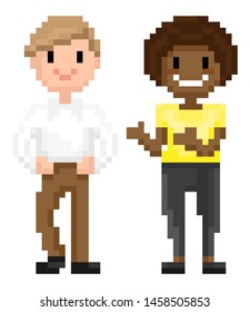 Man and woman pixelated graphics of 8 bit game vector, isolated character of pixel game, mosaic representation, Afro American and Evropean personages, friends spending time together flat style