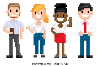 Man and woman pixelated graphics of 8 bit game isolated character of pixel game, mosaic representation, Afro American and Evropean personages, friends spending time together, for business or education