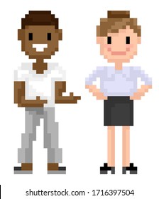 Man and woman pixelated graphics of 8 bit game isolated character of pixel game, mosaic representation, Afro American and Evropean personages, friends spending time together, for business or education