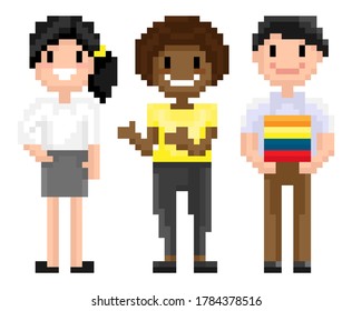 Man and woman pixelated graphics of 8 bit game isolated character of pixel game, mosaic representation, Afro American and Evropean personages, friends spending time together, for business or education