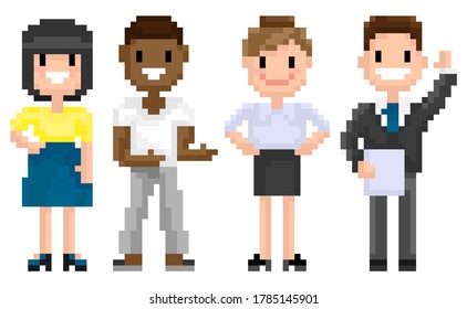 Man and woman pixelated graphics of 8 bit game isolated character of pixel game, mosaic representation, Afro American and Evropean personages, friends spending time together, for business or education