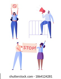 Man and woman with a placard, shout near fence. Concept of protest, stopping, rejection, rally, action, political revolution, demonstrate, manifesting, activists. Vector illustration in flat design