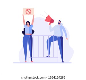 Man and woman with a placard, shout near fence. Concept of protest, stopping, rejection, rally, action, political revolution, demonstrate, manifesting, activists. Vector illustration in flat design