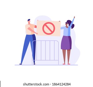 Man and woman with a placard, stop sign. Concept of protest, stopping, rejection, rally, action, political revolution, demonstrate, manifesting, activists. Vector illustration in flat design