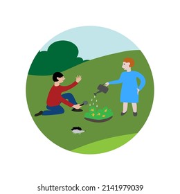  Man and woman plant flowers . Vector illustration. Spring theme. Gardening design. Card, print or poster.