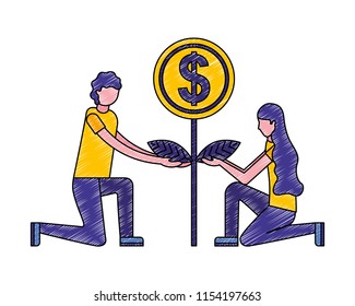 man and woman with plant growth coin money