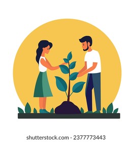 Man And Woman Planting Sprout , Vector Illustration
