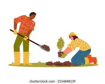 Dibujo vectorial plano de árbol plantado por hombre y mujer aislado en blanco. Hombre afroamericano con pala y mujer sosteniendo plántulas de árboles. Jardinería multirracial.