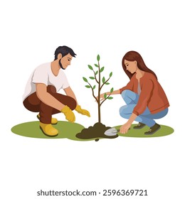 Man and woman planting a tree together in soil. Vector illustration