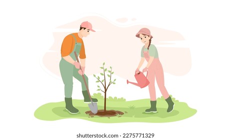 Hombre y mujer plantando árboles en el jardín o el parque. Dos personas trabajando juntas para mejorar el medio ambiente. El niño está trabajando con una pala, y la niña está regando un arbusto. Ilustración vectorial.