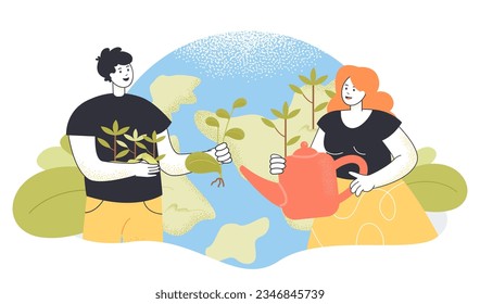 Man and woman with plants and watering can vector illustration. Drawing of activists planting and watering trees, protection or conservation of environment. Deforestation, ecology, nature concept