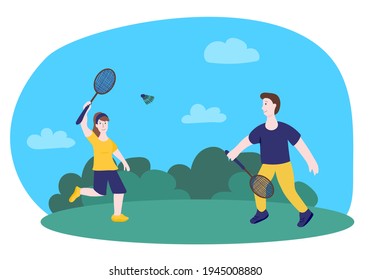 Man and woman play badminton at lawn. Vector illustration for web-sites, magazines, flyers, etc