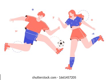 Hombre y mujer juegan fútbol, fútbol. Atletas, juegos de equipo al aire libre. Estilo de vida activo y saludable. Imagen plana vectorial con caracteres.