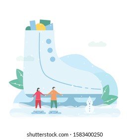 Man and woman play ice skating. Vector illustration designs for winter season. Characters is flat style for couple of love.