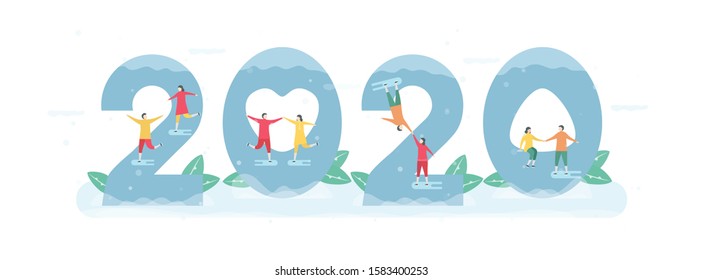 Man and woman play ice skating. Vector illustration is in concept of winter 2020. Characters is flat style for couple of love.