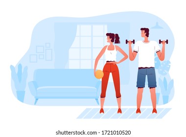 A man and a woman play sports at home in the living room. The concept of a healthy lifestyle and home workouts.
