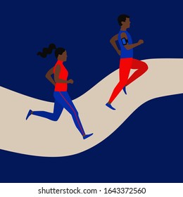 Man and woman play sports. People jogging on the road. Minimalistic concept of fitness and healthy lifestyle.