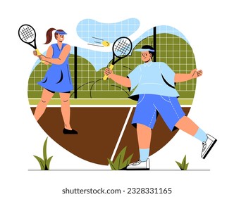 Hombre y mujer juegan en el concepto de tenis. Hombre y mujer con raquetas golpeando la pelota de tenis. Estilo de vida activo y deportes. Concursos y torneos, atletas. Dibujo vectorial plano de dibujos animados