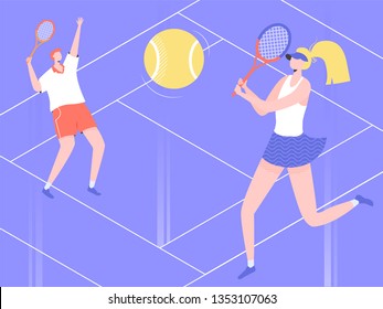 Man and woman play tennis on the court. The player gives the ball, the opponent is ready to beat back. Vector illustration.