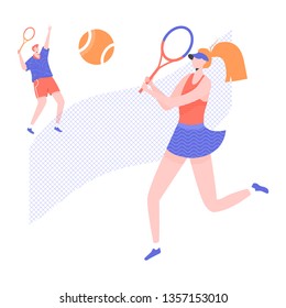 Man and woman play tennis on the court. The player gives the ball, the opponent is ready to beat back. Vector illustration.