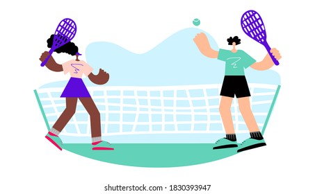 Man and woman play tennis on the court. The player gives the ball, the opponent is ready to beat back. Vector illustration.