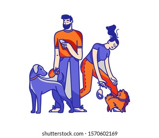 Man and woman play with their dogs. Vector flat illustration in white isolated background for print or web design.