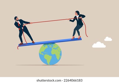 Man and woman play tug of war game standing on scales, pulling opposite ends of rope. Competition for power over world. Modern vector illustration in flat style