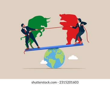 Man and woman play tug of war game standing on scales, pulling opposite ends of rope. Bear and Bull fighting. Global economy crash or boom. Flat vector illustration