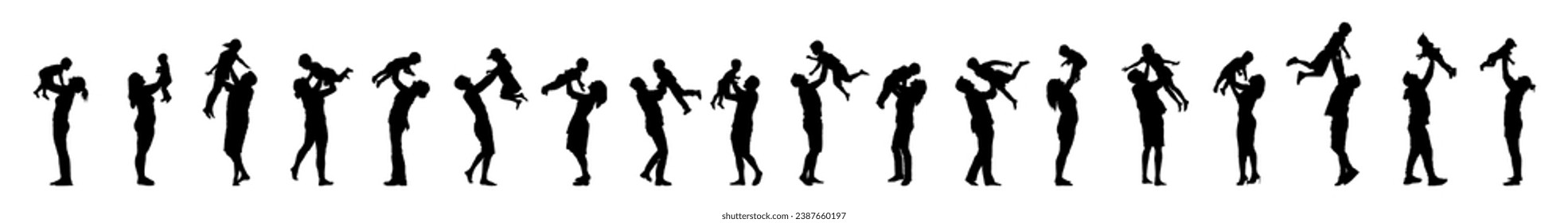 Man and woman playful holding lifting baby child and kid vector silhouette set collection.	