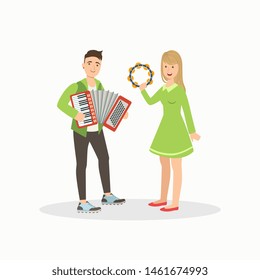 Man and Woman Playing Accordion and Tambourine, People Performing at Concert or Music Festival Vector Illustration