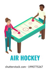 Man and woman playing air hockey table arcade game, flat vector isometric illustration. Game club, room, zone attractions, fun activities, entertainment. Arcade gaming.