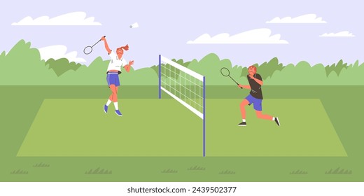 Man and woman playing badminton on the court with net. Professional badminton players with racket in action, getting ready to hit the shuttlecock. Sport game competition vector illustration