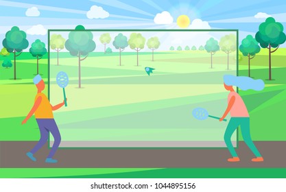Man and woman playing badminton in summertime green park. Multicolored vector illustration with thin frame in center for text content