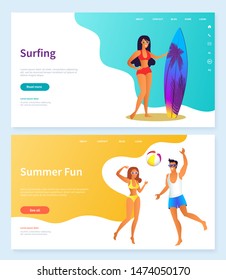 Man and woman playing ball on beach, person standing with surfboard. Surfing and summer fun, coast adventure, activity on water, leisure vector. Website or webpage template, landing page flat style