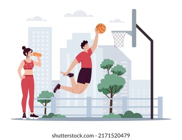 Man And Woman Playing Basketball. Active Lifestyle And Team Sports. Cardio Training, Entertainment And Relaxation After Work Or Study. Students Compete At Street. Cartoon Flat Vector Illustration