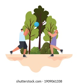 man and woman playing basketball on a park vector illustration design