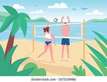 Man and woman playing beach volleyball flat color vector illustration. Active summer leisure. Sport game players 2D cartoon characters with tropical sand beach and sea on background