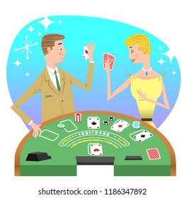 Man And Woman Playing Black Jack At Gambling Table (vector Illustration)