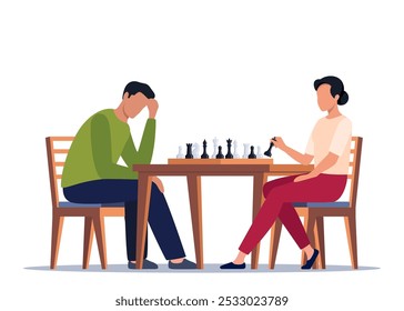 Man, woman playing chess at game board at table. Chessboard players competitors, two rivals at international tournament, competition, match. Vector illustration