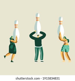 Man and woman playing golf, bowling. Premium vector. Isolated vector on white background. 