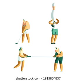 Man and woman playing golf, bowling. Premium vector. Isolated vector on white background. 
